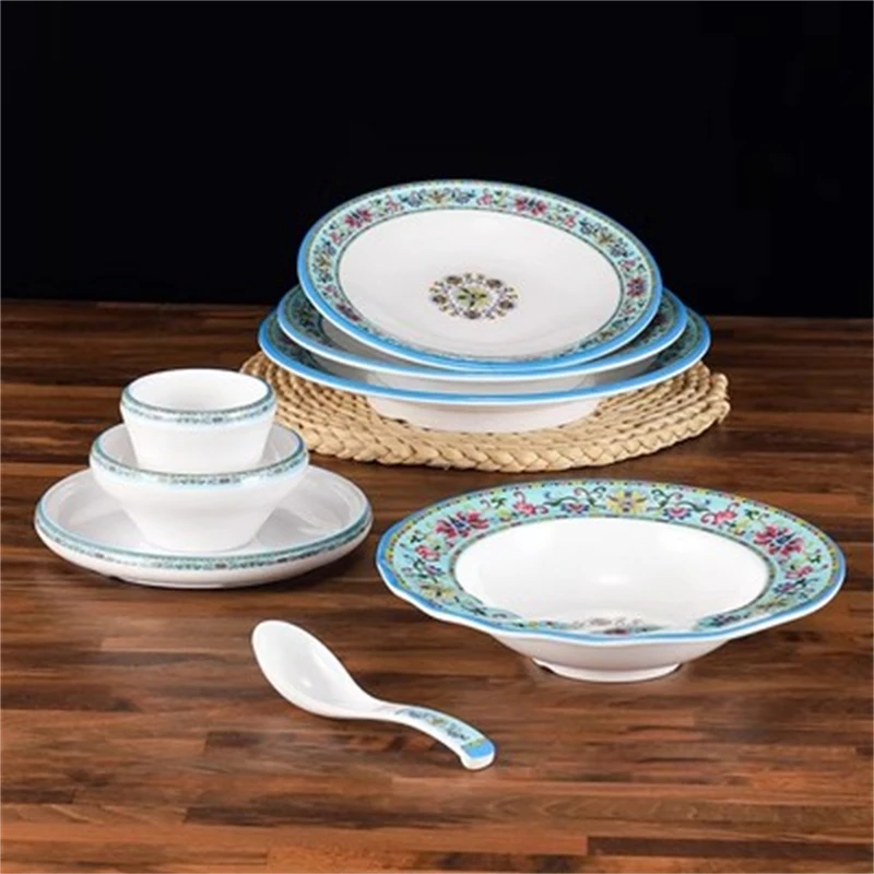 Plastic Dining Utensils Breakage-proof Tray Melamine Imitation Porcelain Palace Style Plate Plastic Flat Plate Tray Dinner Set