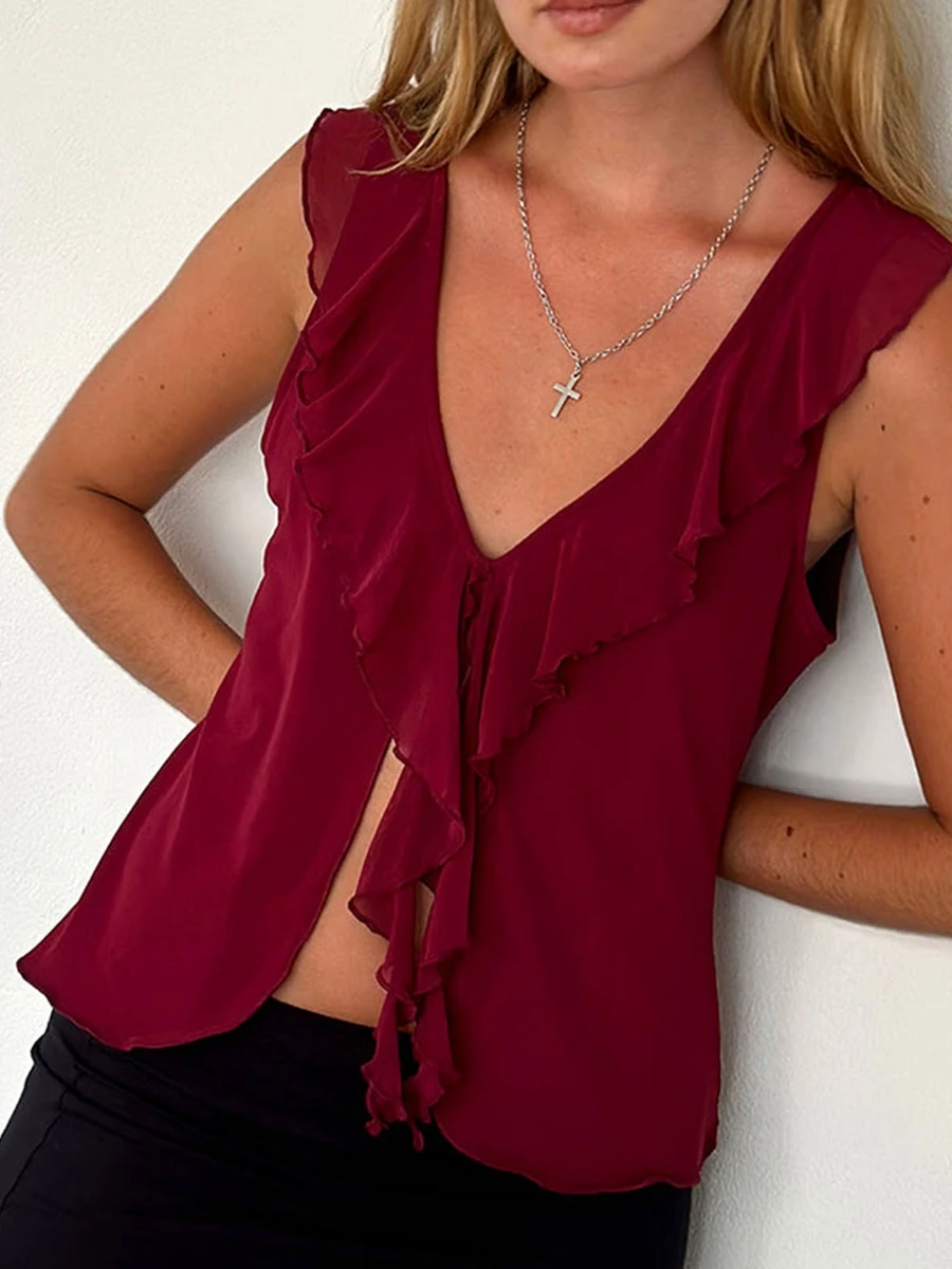 Women Tank Tops Solid Color V-Neck Ruffles Casual Vests Summer Fashion Sleeveless Tops Streetwear