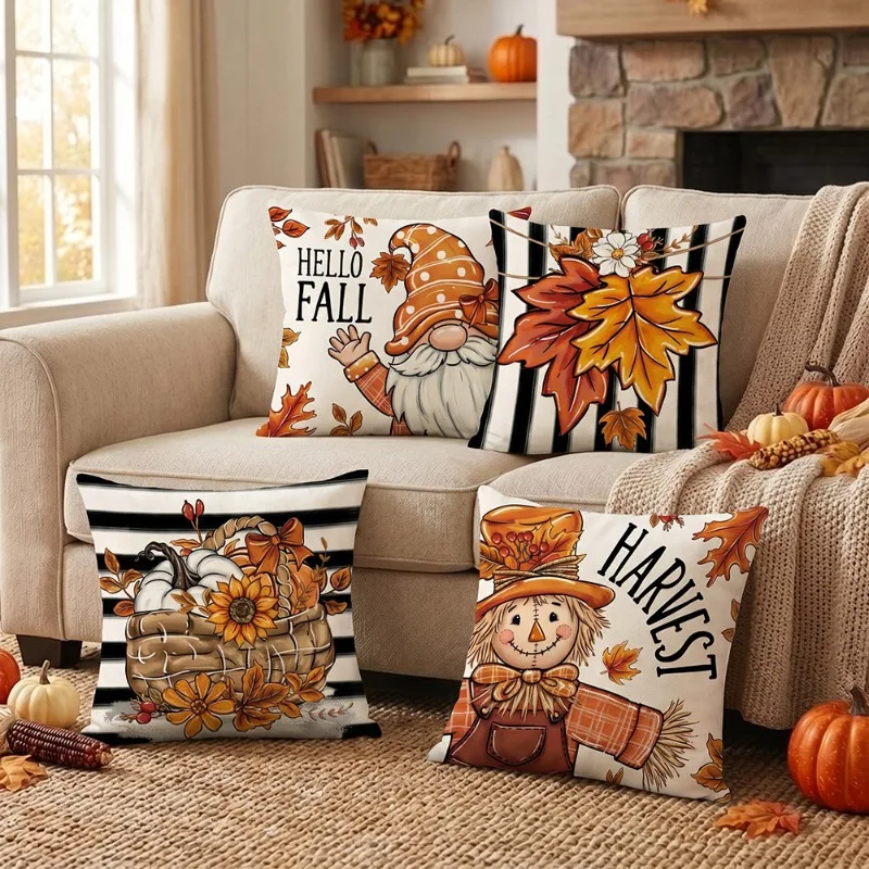 45x45cm Fall Harvest Throw Pillow Cover Scarecrow Maple Leaf Pumpkin Sunflower Printed Square Cushion Case Home Decor Pillowcase