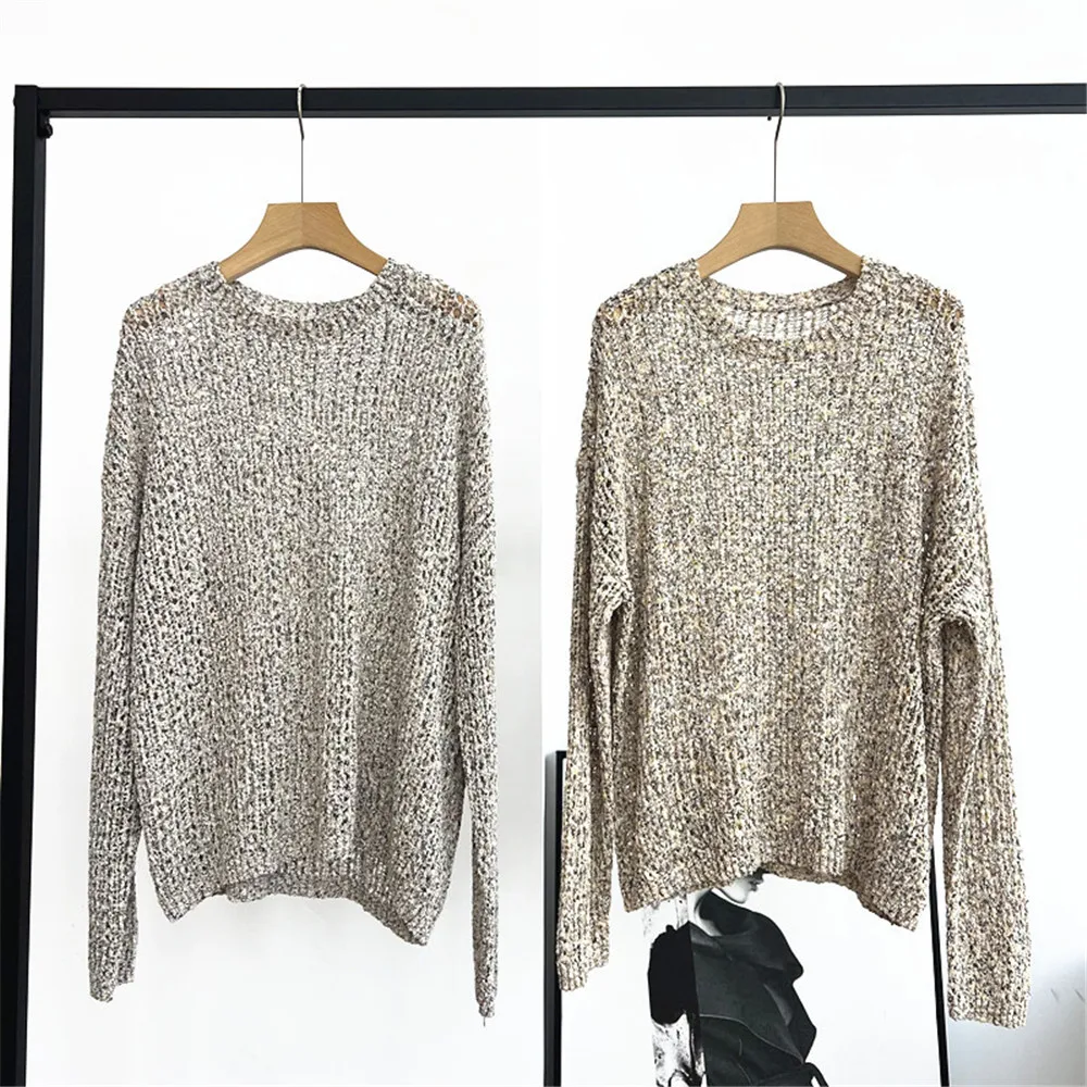 

25 Early Autumn New Women's Cotton Round Neck Long Sleeve Loose Hollow Mixed Color Knitted Pullover