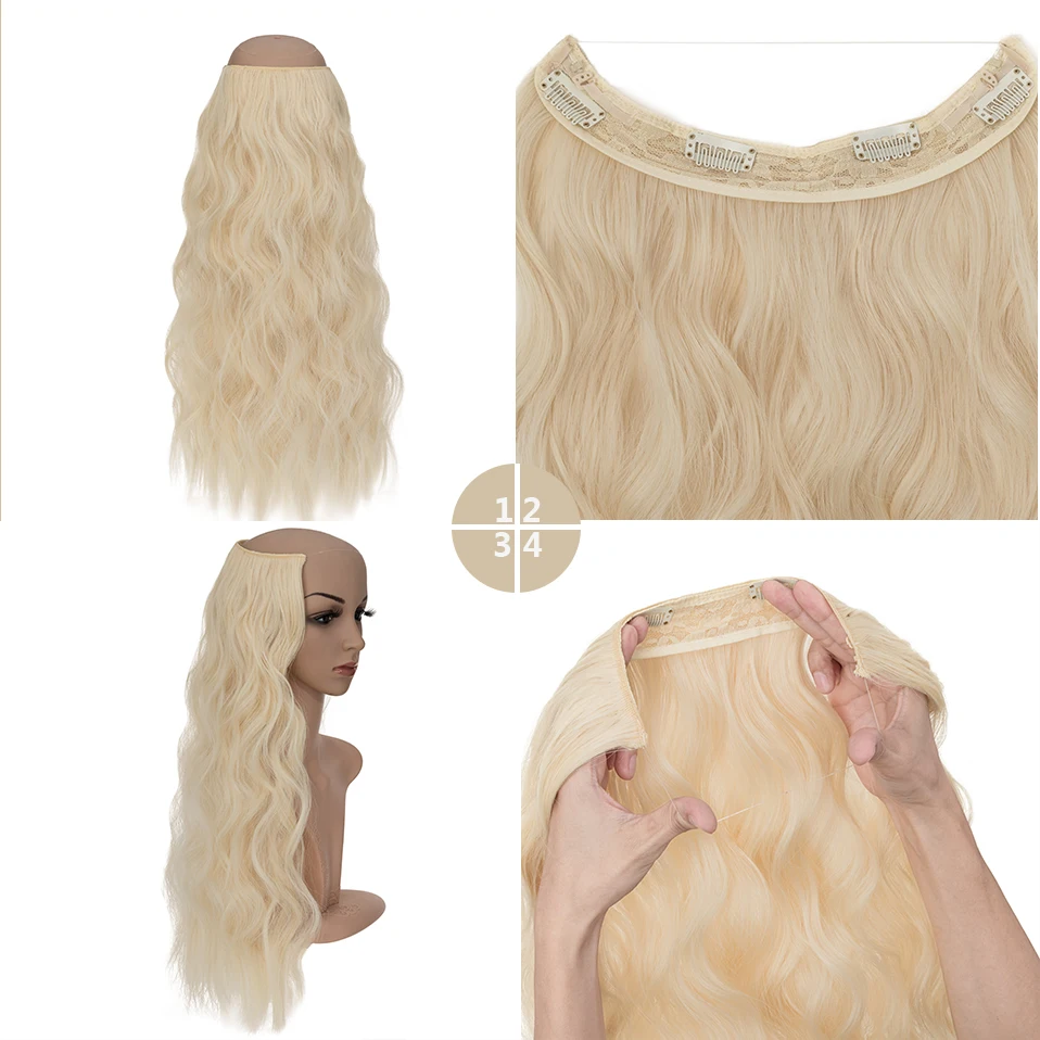 Snoilite Synthetic 20-24inches Invisible Wire Artificial Hair Extensions 4 Clip Fake False Long Wavy Hair Piece Blonde For Woman