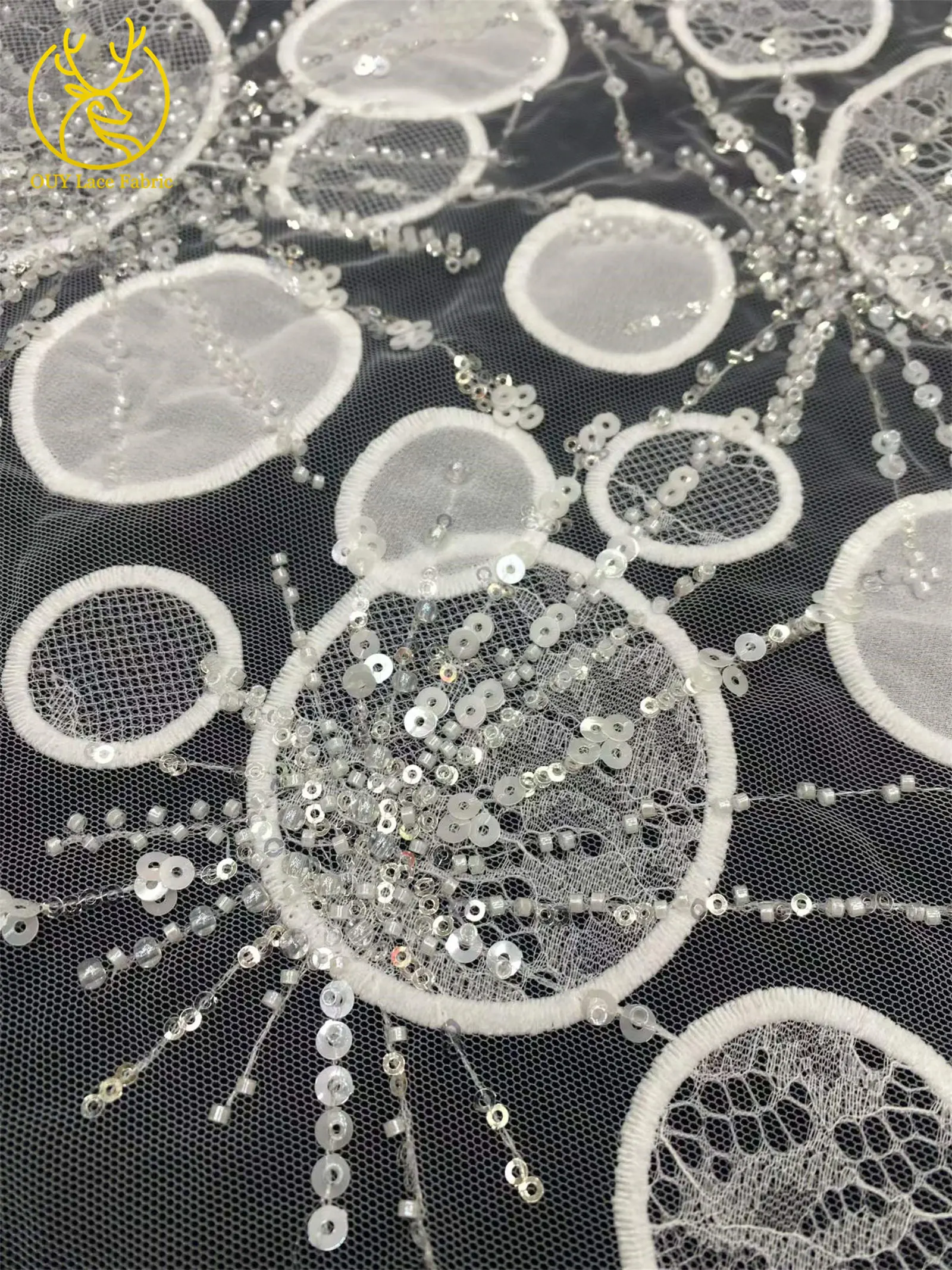 Luxuriöser afrikanischer Spitzenstoff mit Pailletten-Stickerei, gelb, 5 Yards, französischer nigerianischer Tüll-Spitzenstoff für Damen-Partykleider zum Nähen – Detail 10