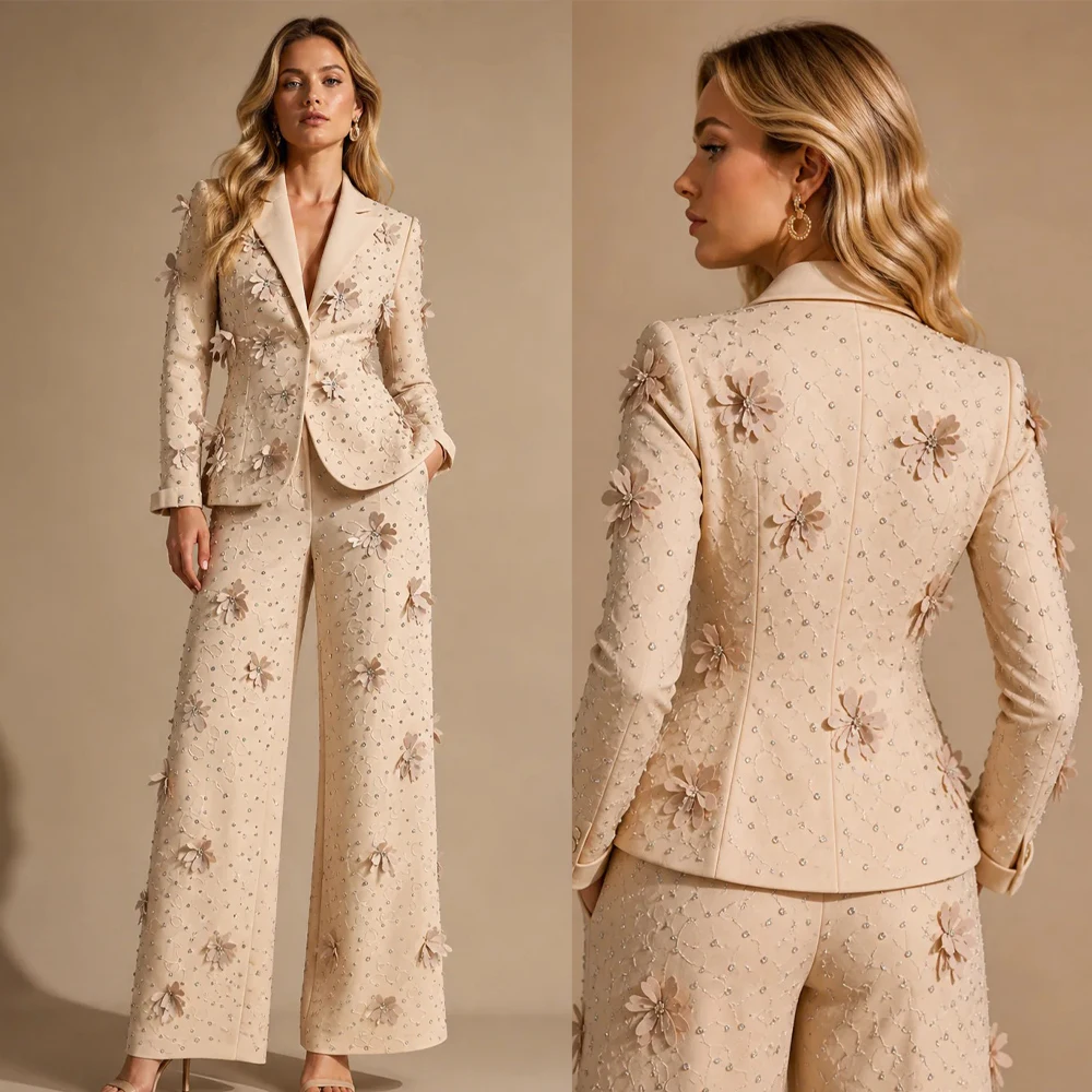 Women's Dresses Suit Gowns Elegant Full Beads Appliques Jacket Coat And Pants For Female Satin 2 Pieces Suit Customized W716