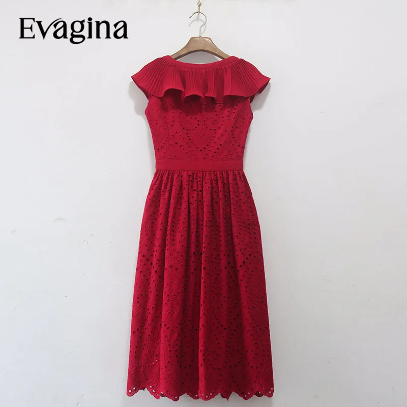 Evagina Ruffle Embroidery Nail Bead Knee Length dress Spring Summer Women's New Sleeveless V-Neck Holiday Dresses