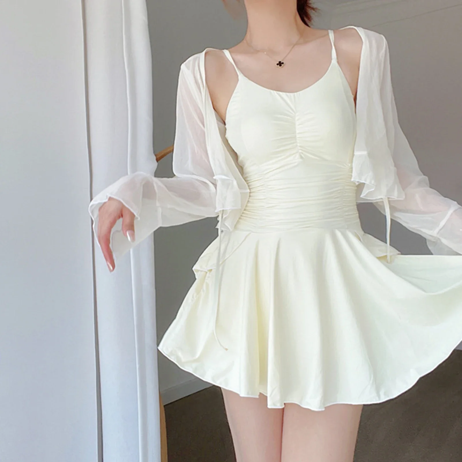 Women Bathing Suit Sweet One-Piece Slimming Swimwear Long Sleeve Sun-proof Swimsuit Skirt  Beach Skirt Pool Bikini
