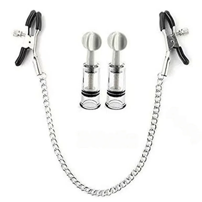 BDSM Intimate Play Set Metal Chain Nipple Clamps Rotatable Vacuum Suction Massager Game Accessory for Adult Women Couples