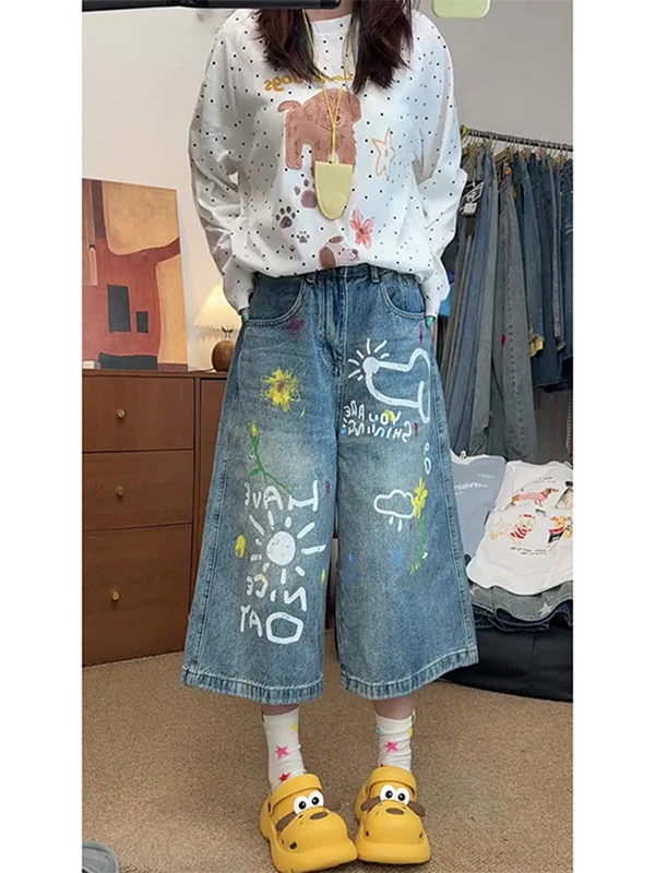 

High Waist Loose Wide Leg Jeans Women's Summer 2026 New Graffiti Print Casual Cotton Blend Comfortable Fit Knee-Length