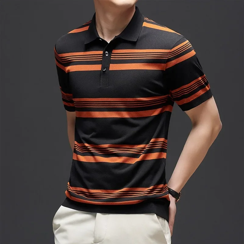 Minglu Knitted Summer Men's Polo Shirts Luxury Short Sleeve Striped Business Casual Male T-shirts Fashion Jacquard Man Tees