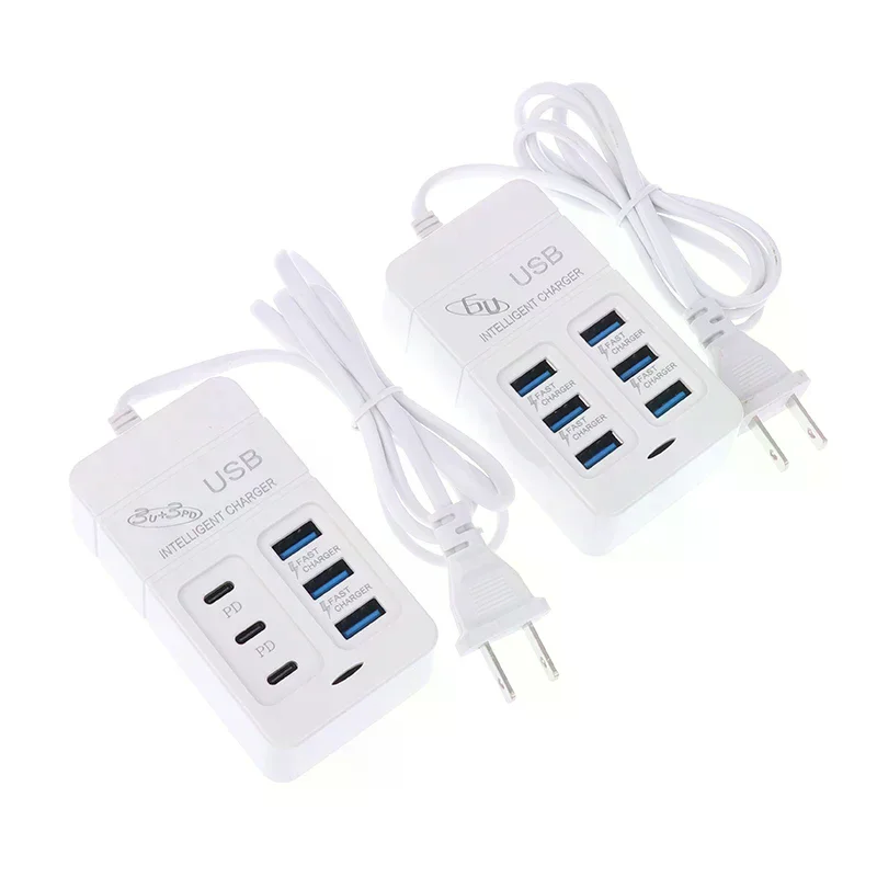 1PC US Plug 6Ports Multiport USB Charger 35W PD Type-C Mobile Phone Fast Charge Wall Chargers TypeC USB Hub Adapter