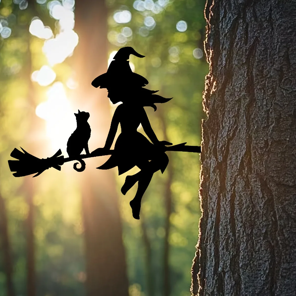 Iron Silhouette Cute Witch And Cat Garden Stake On The Branch Yard Art Decor Tree Stump Plug-in For Garden Lawn Courtyard Decora