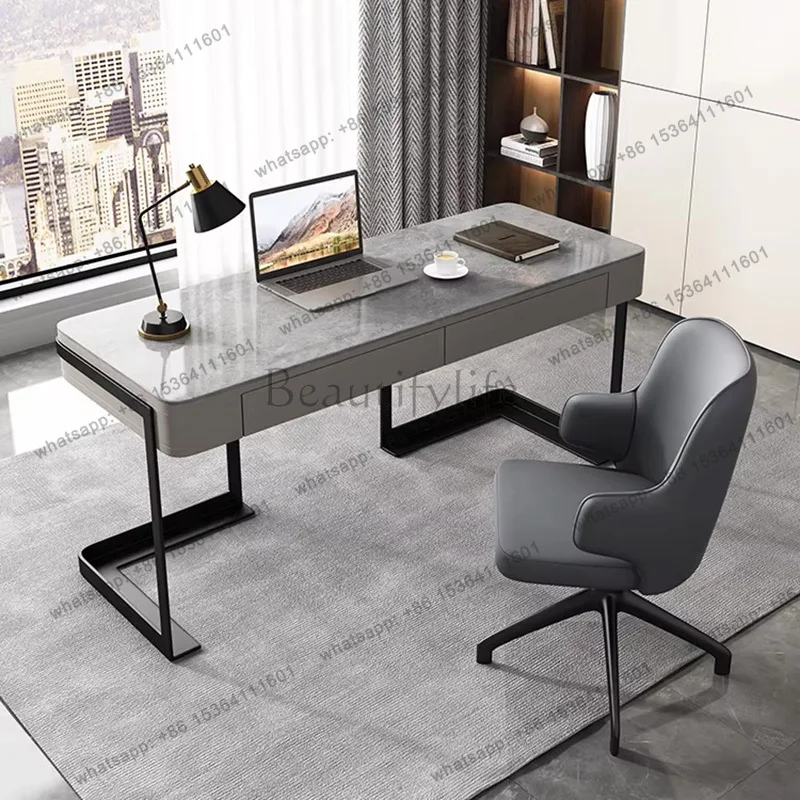 

Модный письменный стол из спеченного камня с ящиком и ножками из нержавеющей стали, современный стол для домашнего офиса или кабинета