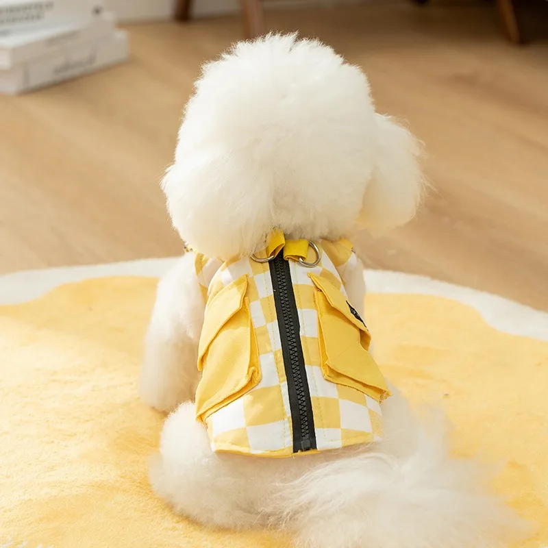 

Yellow Plaid Pet Vest Puppy Fall Clothes Tide Cool Style Workwear Carrier Bichon Leashable Outdoor Warm Clothing