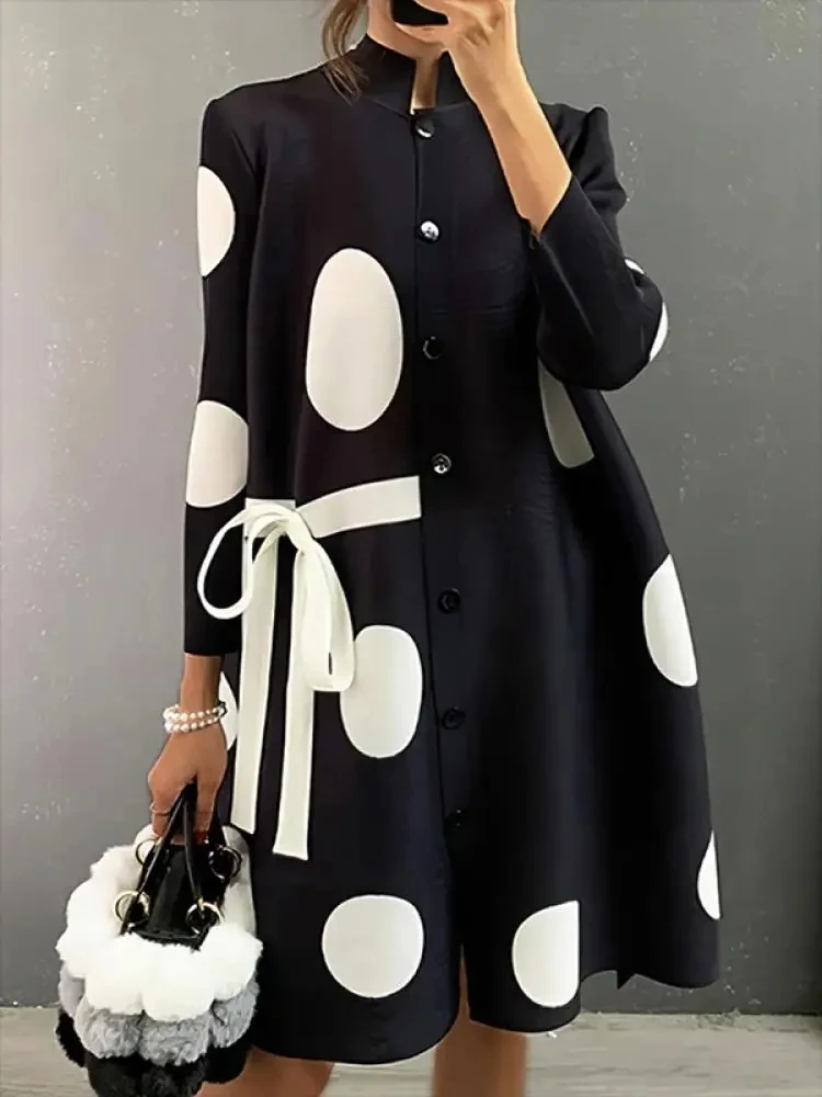 

Women British Style Buttoned Polka-Dot Tied Stand Neck Elegant Midi Dresses Spring Autumn Long Sleeves Loose Shirts Dress