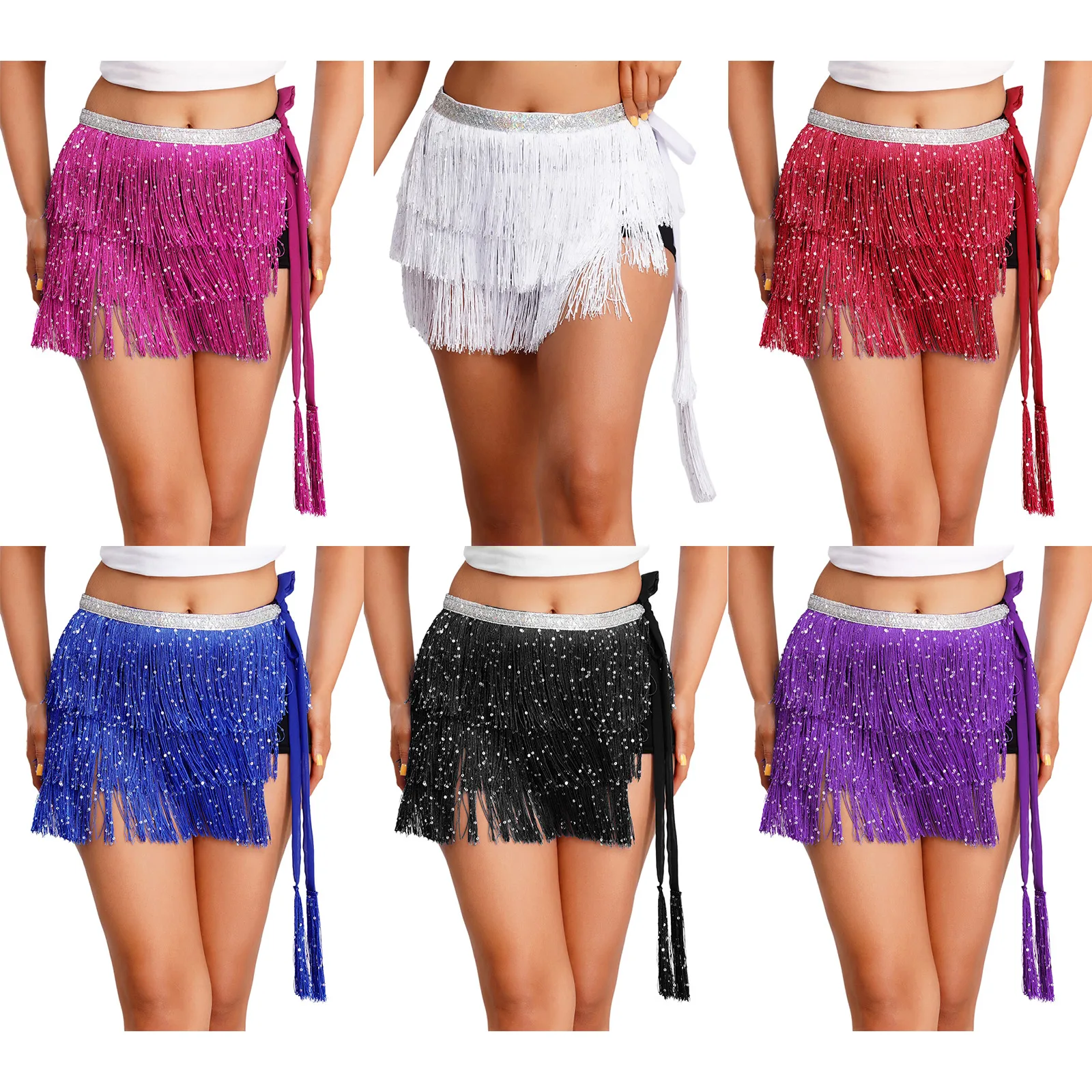 Sciarpa per danza del ventre da donna, catena in vita, paillettes lucide, nappa a strati, gonna in vita con lacci, costume di danza del ventre folclore indiano