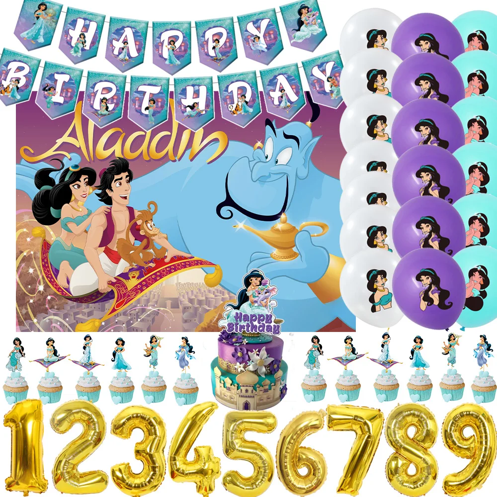 

Cartoon Jasmine Princess Aladdin Birthday Party Decorations Backdrop Disposable Balloons Banner Cake Topper Supplies Kids Gift