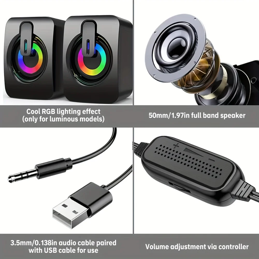 Desktop Speaker For Computer Rgb Light Effect Stereo Sound Volume Control Wired Office Use PC Speaker For Desktop Computer