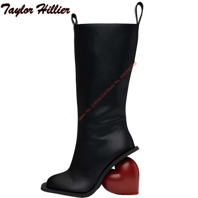 

Red Heart Heel Knee-High Boots Black Leather Boots Women Pointed Side Zipper Long Boots Cafes Woman Fashion Catwalk Stage Autumn