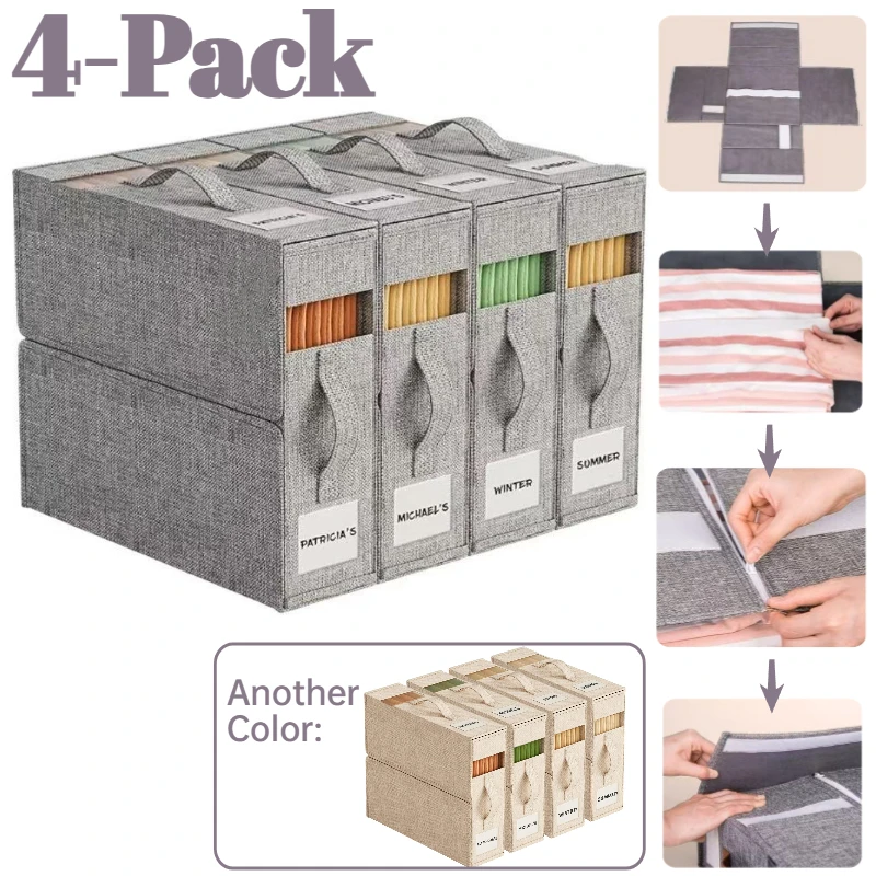 4Pack Sheet Organizers Storage with Handles Foldable Linen Closet Storage Clear Window Removable Labels Dustproof Space-Saving