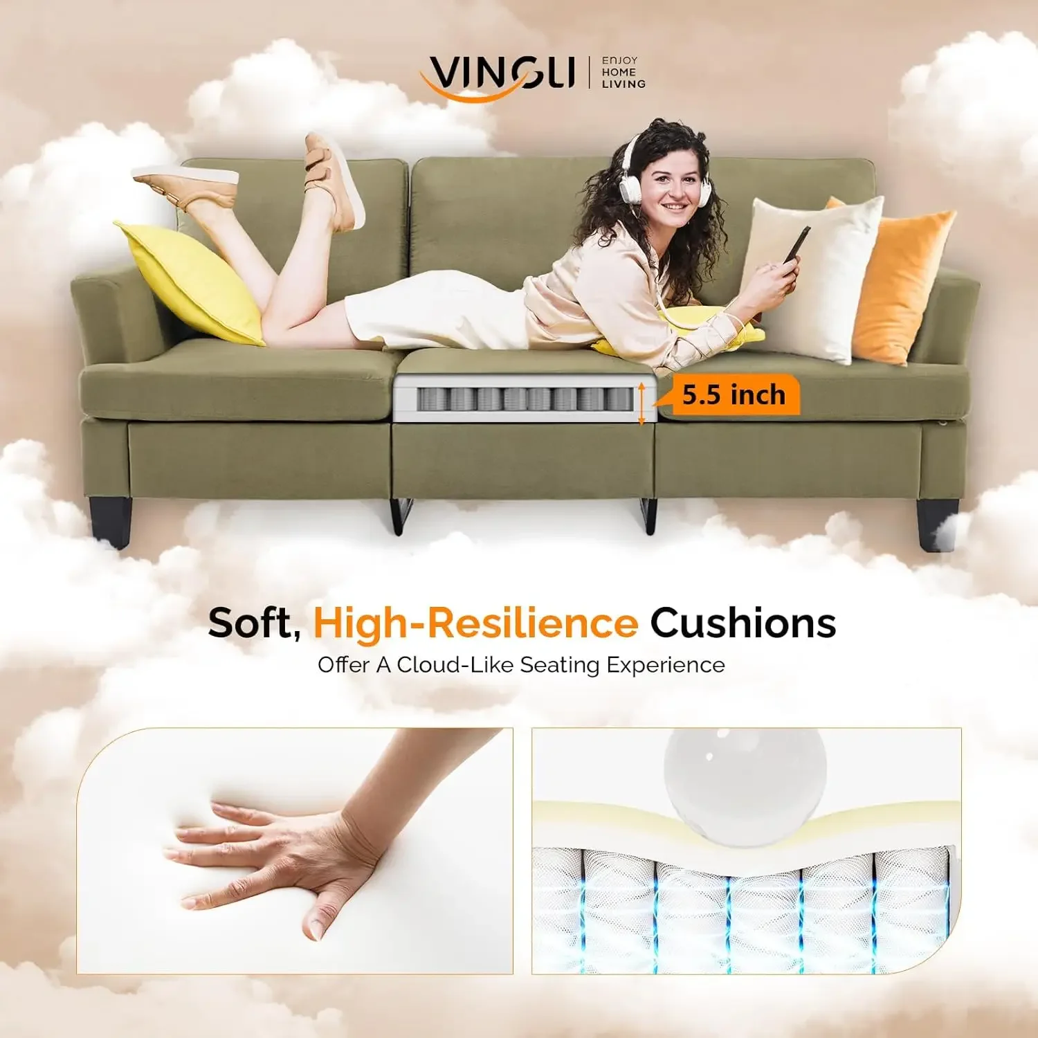 أرائك أريكة مقاس 83 بوصة لغرفة المعيشة، أريكة حديثة مريحة مكونة من 3 مقاعد من جلد الغزال الصناعي مقاس 25.6 بوصة أرائك مريحة للمساحة الصغيرة