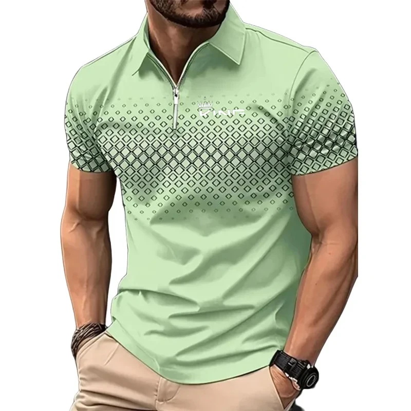 Summer Golf Shirt Print T-shirt Zipper Polo Shirt Casual Breathable Pullover Short Sleeve T-shirt Tops Sport Men's Clothing