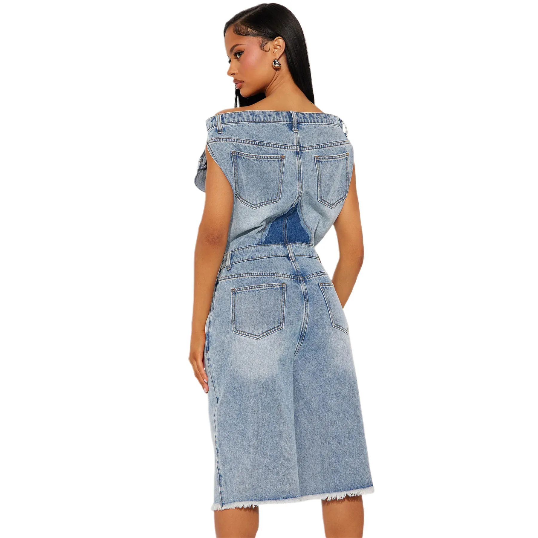 Tute corte da donna Tute di jeans Pagliaccetti Pantaloni interi Jeans elasticizzati al ginocchio Tasche lavate Streetwear femminile Estate 2025