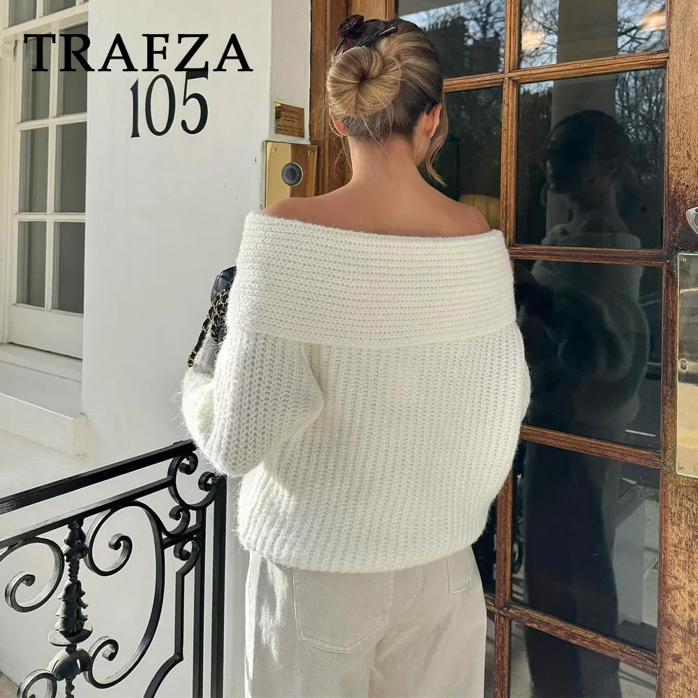 TRAFZA 2024 Spring Summer Casual Tierred Sweaters Fashion Streetwear Slash neck Solid Oversized Knitted Chic Elegant Sweaters