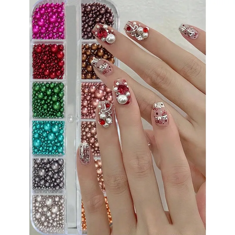1Box 12 Grids Flat Back Pearl Nail Charms, Half Round Nail Gems, Multi-use Decor for Nail Art Face Makeup Grad Cap Handcraft
