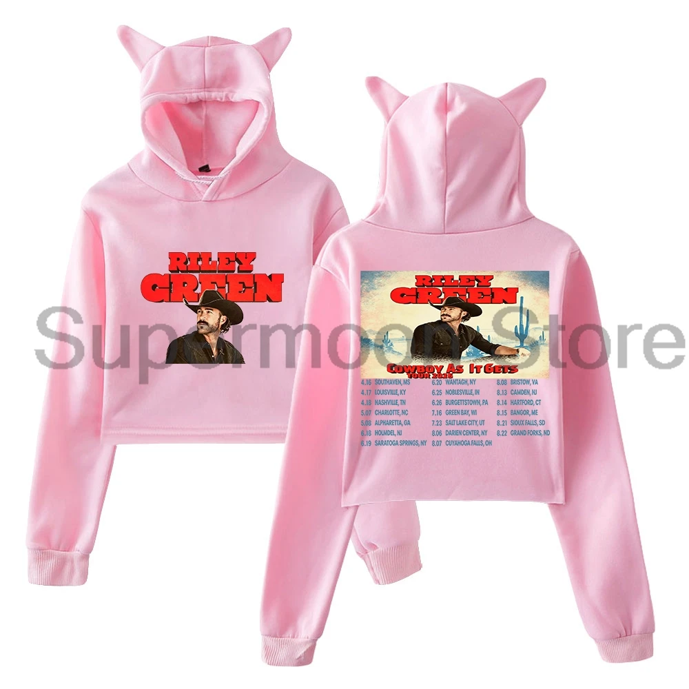 

Riley Green Cowboy As It Gets Tour 2026 Hoodie Cat Ears Hooded Sweatshirt Long Sleeve Crop Top Women's Clothes