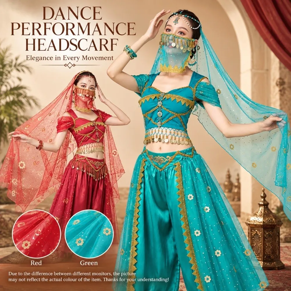 Decorative Flower Pattern Head Scarf Mesh Red Blue Dance Performance Headscarf Belly Dance Headdress Dance Performance