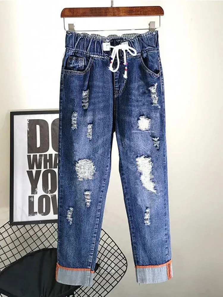 Calças jeans rasgadas de cintura alta feminina, jeans até o tornozelo, streetwear extragrande, moda larga, harém, novo, 26-40