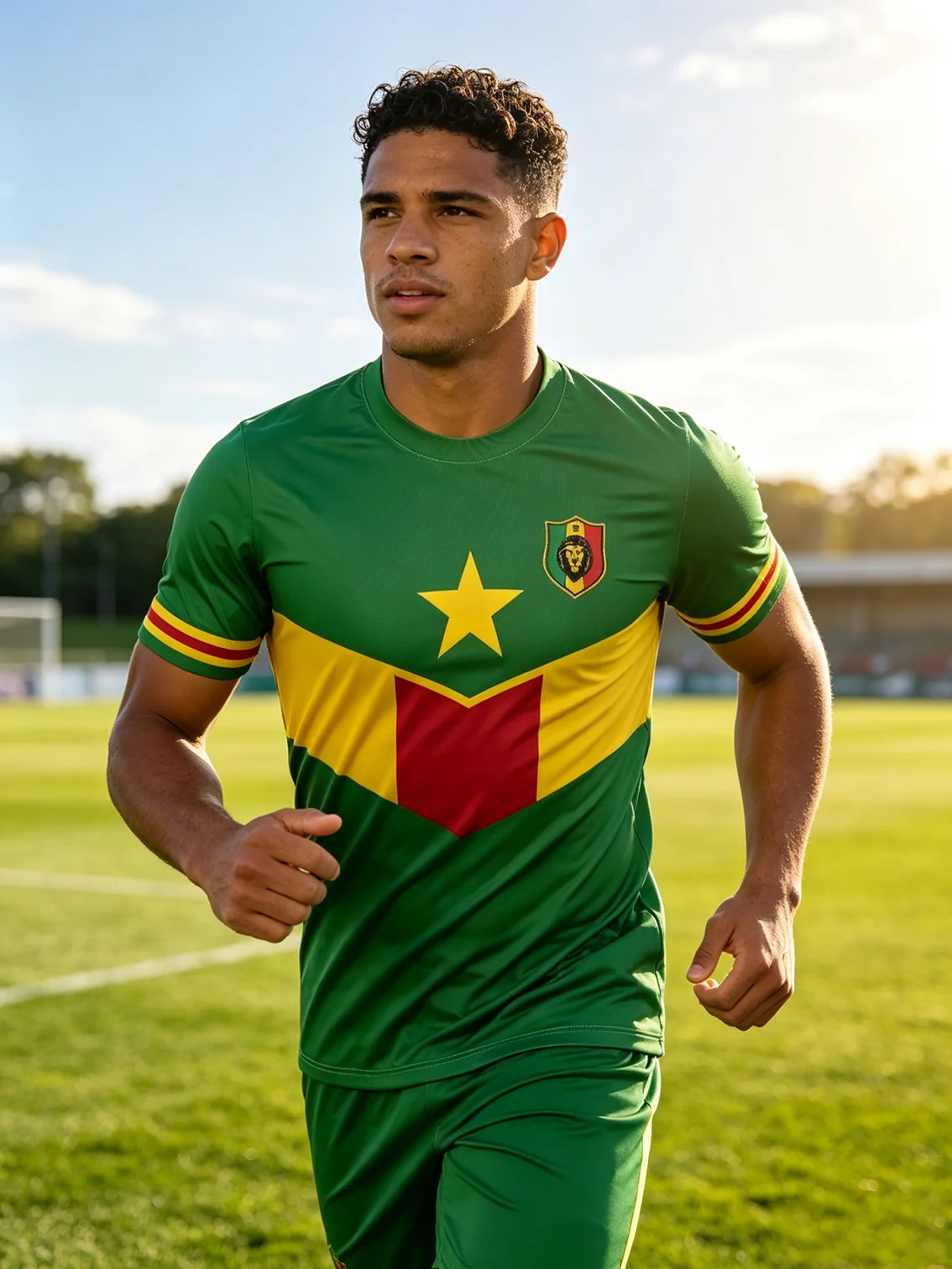 Cameroon national football jersey, yellow‑red V‑shaped panel, striped cuffs, moisture‑wicking fabric, athletic loose fit