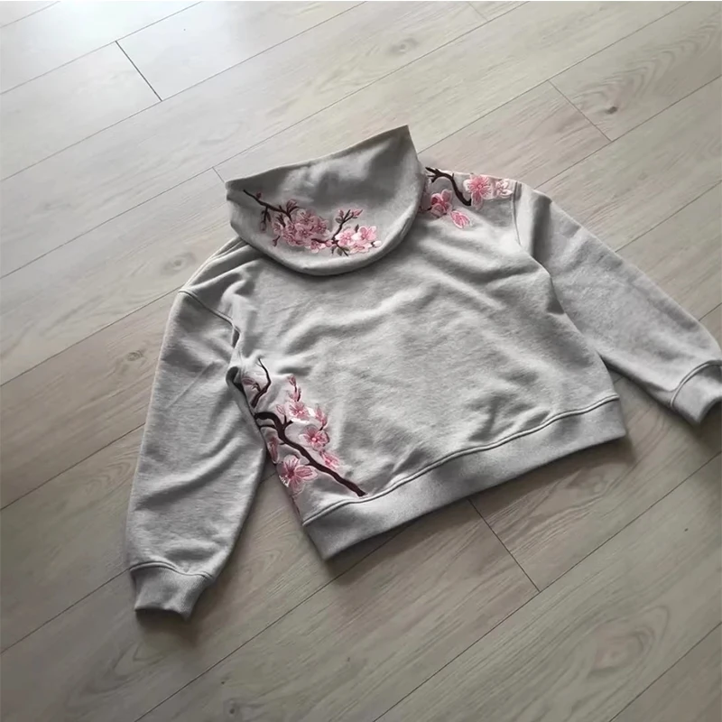 European and American Retro Cherry Blossom Embroidered Hoodie Coat Loose Street Zipped Sports Coat