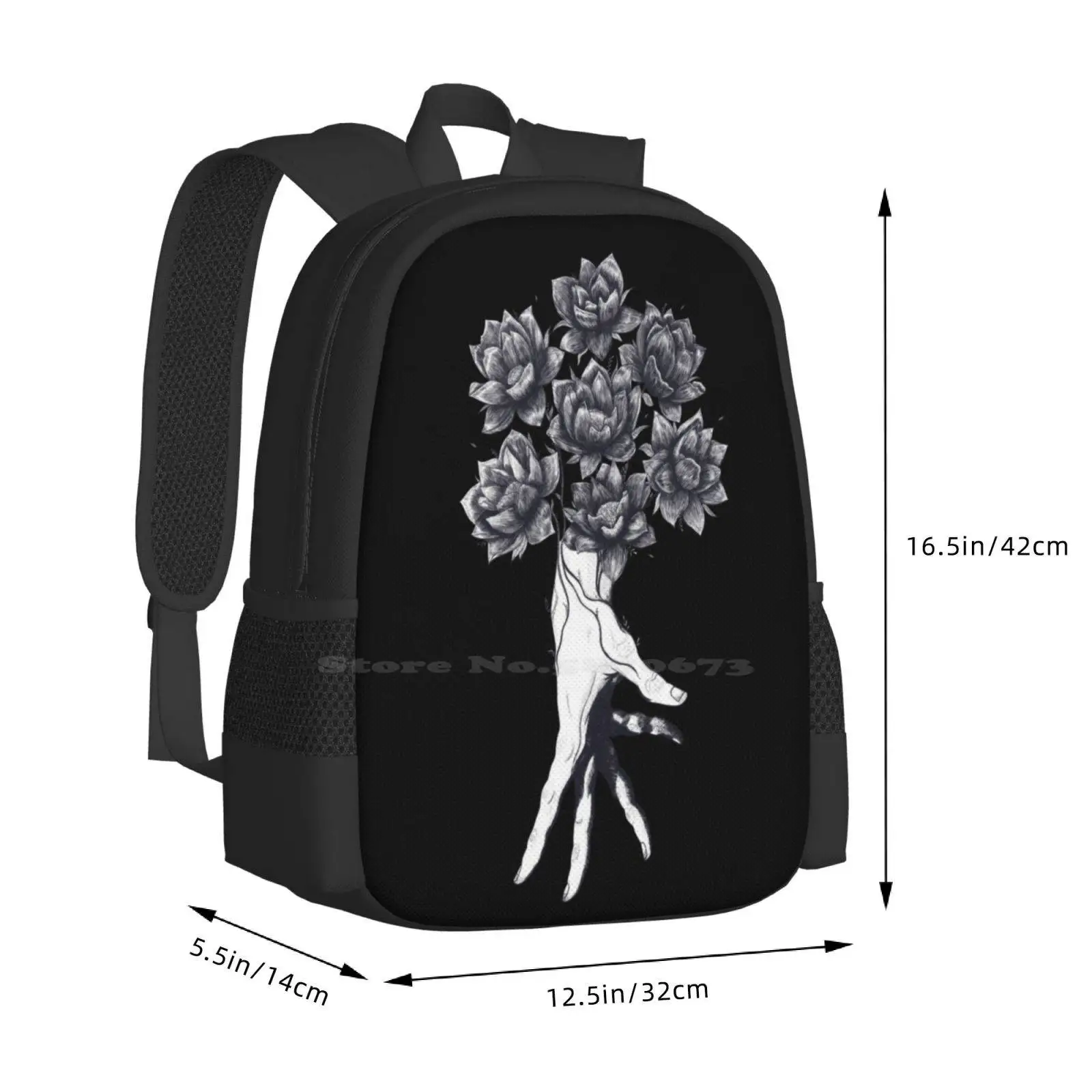 Hand mit Lotus auf schwarzem Muster Design Tasche Studenten Rucksack Hand Linie Mädchen schwarz und weiß Lotusblumen Garten Schönheit