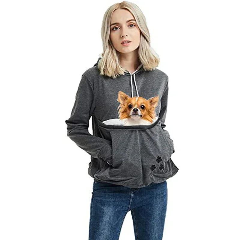 Women\'s Pullover Sweater Cute Cat and Dog Printed Big Pocket Sweater Outdoor Pet Bag Long Sleeve Hooded Loose Sweater