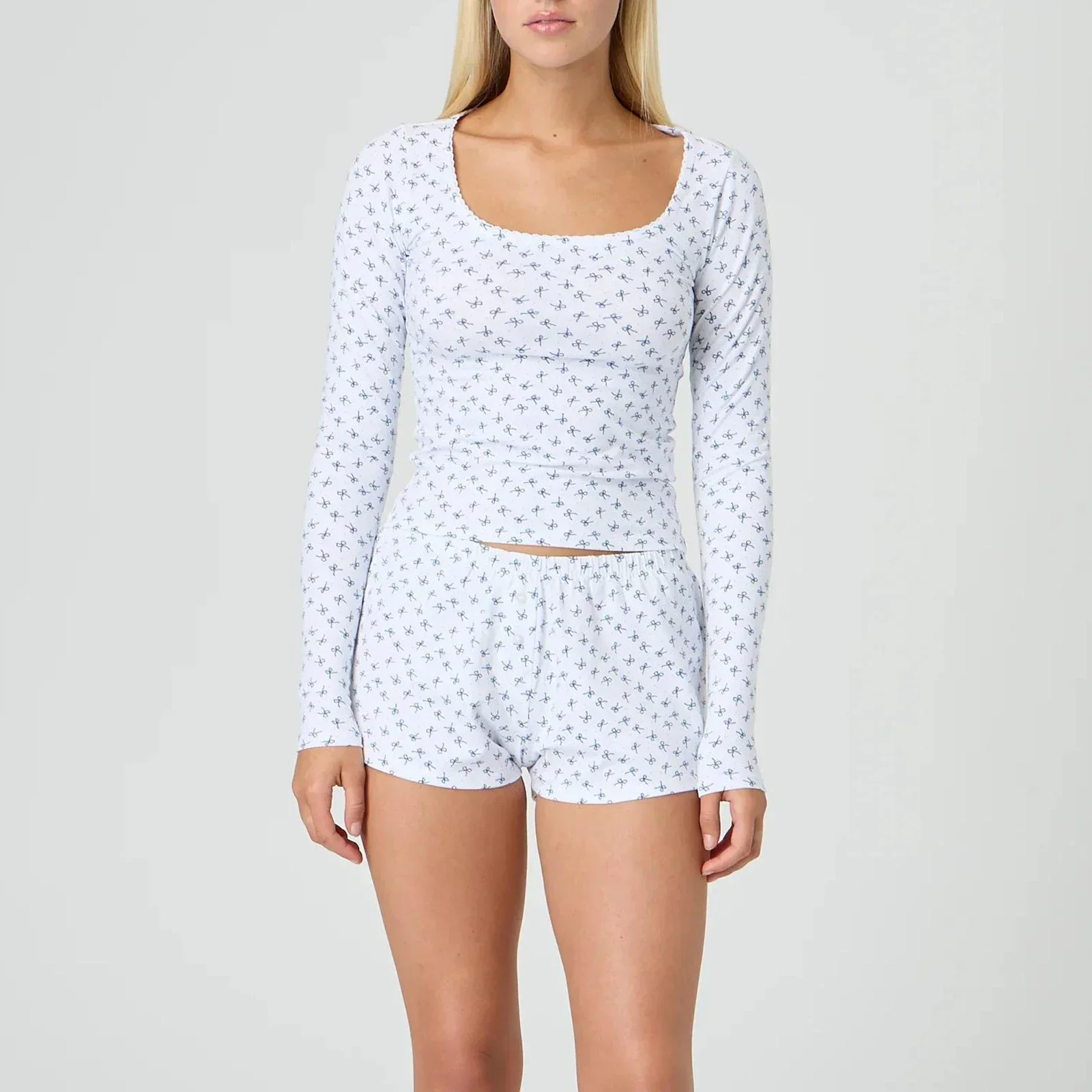Y2K Women’s Two Piece Pajamas Set Coquette Long Sleeve Scoop Neck Bow/Floral Print Tops and Shorts Set Loungewear