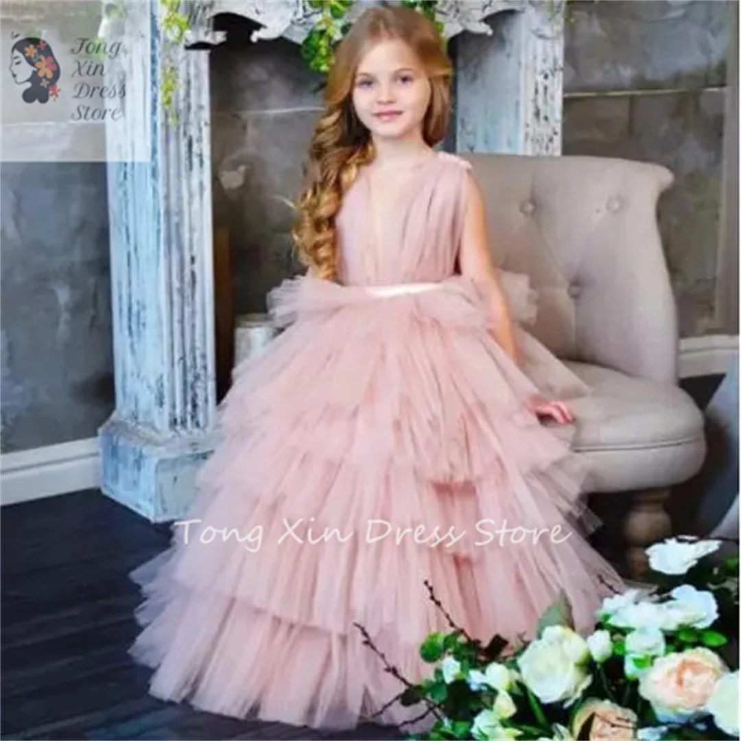 Vestido de flores sin mangas con cuello en V para niña, vestido de princesa para fiesta de cumpleaños, primera comunión, ceremonia, ropa de florista