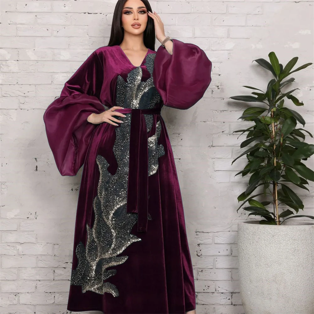 

Marocain Kaftan Velvet Winter Sequins Maxi Dress Women Muslim Dubai Abaya Turkey Robe Eid Ramadan Jalabiya Fashion Vestidos Gown