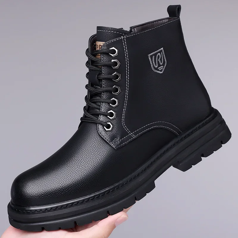 Autumn Winter Cow Leather Men's Ankle Boots Designer Increase Men Platform Cotton Shoes Fashion Soft-soled Work Boots Male