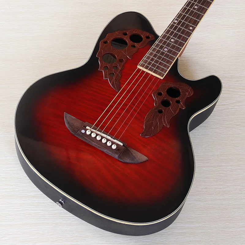Stock Round Back Acoustic Guitar 38 Inch 6 String Flame Veneer Top High Glossy Folk Guitarra with Flaw Red&Sunburst&Green