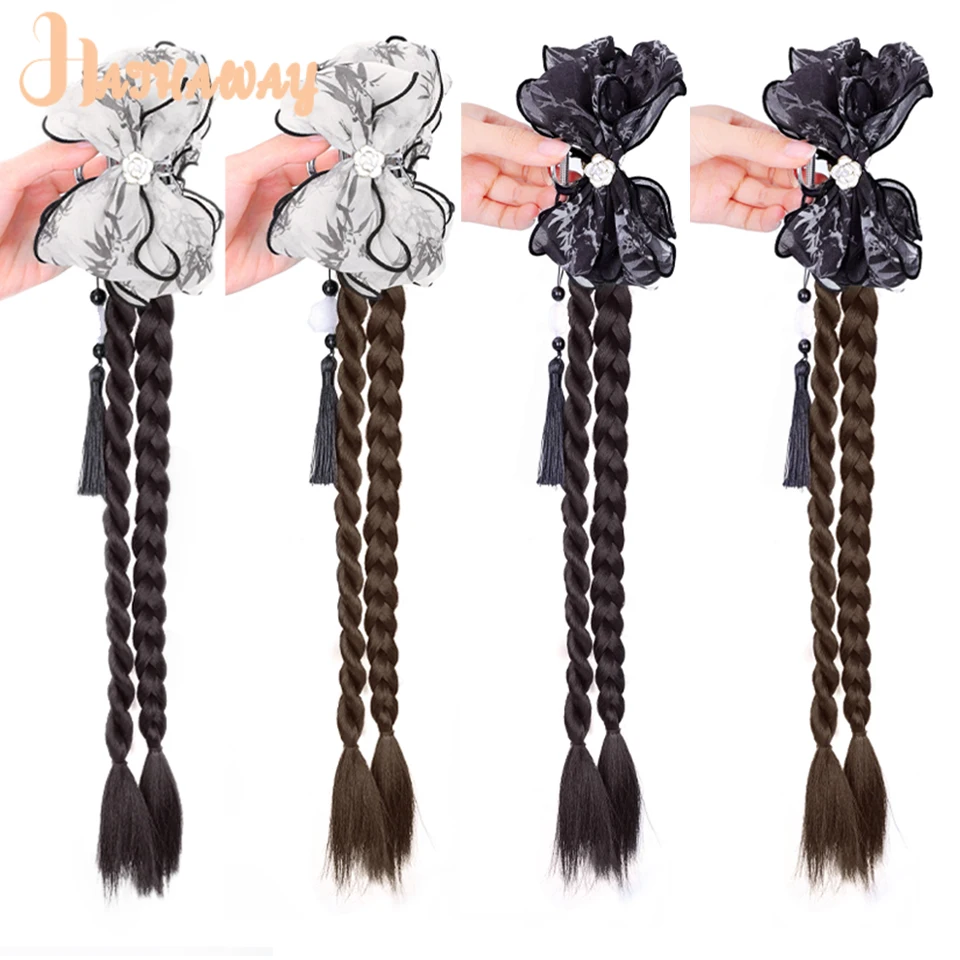 Synthetic Twist Braid Female Grip Ponytail Summer Refreshing Twist Long Braid Ink Dyed Tassels New Chinese Fake Braid Ponytail