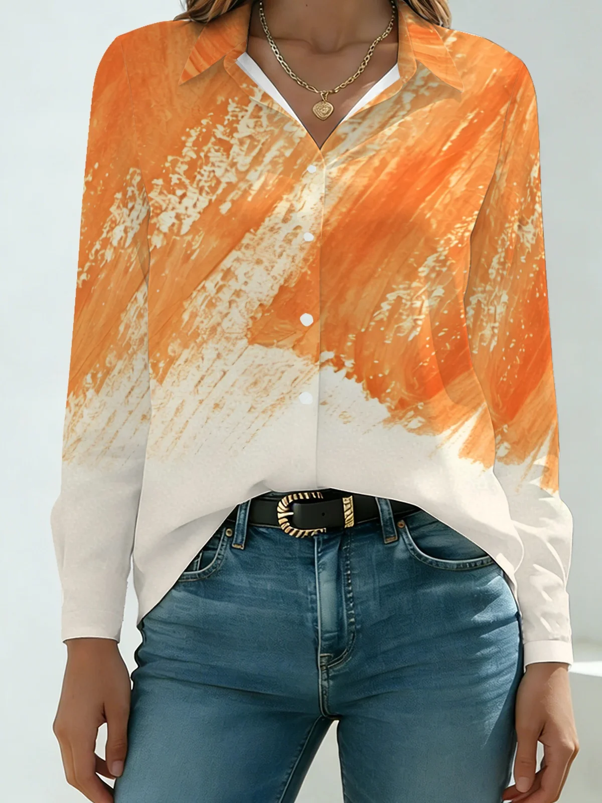 Minimal Art Gradient Brush Stroke Womens Collared Shirt Warm Orange Off-white Base Rough Hand Drawn Smudge Allover Print Long