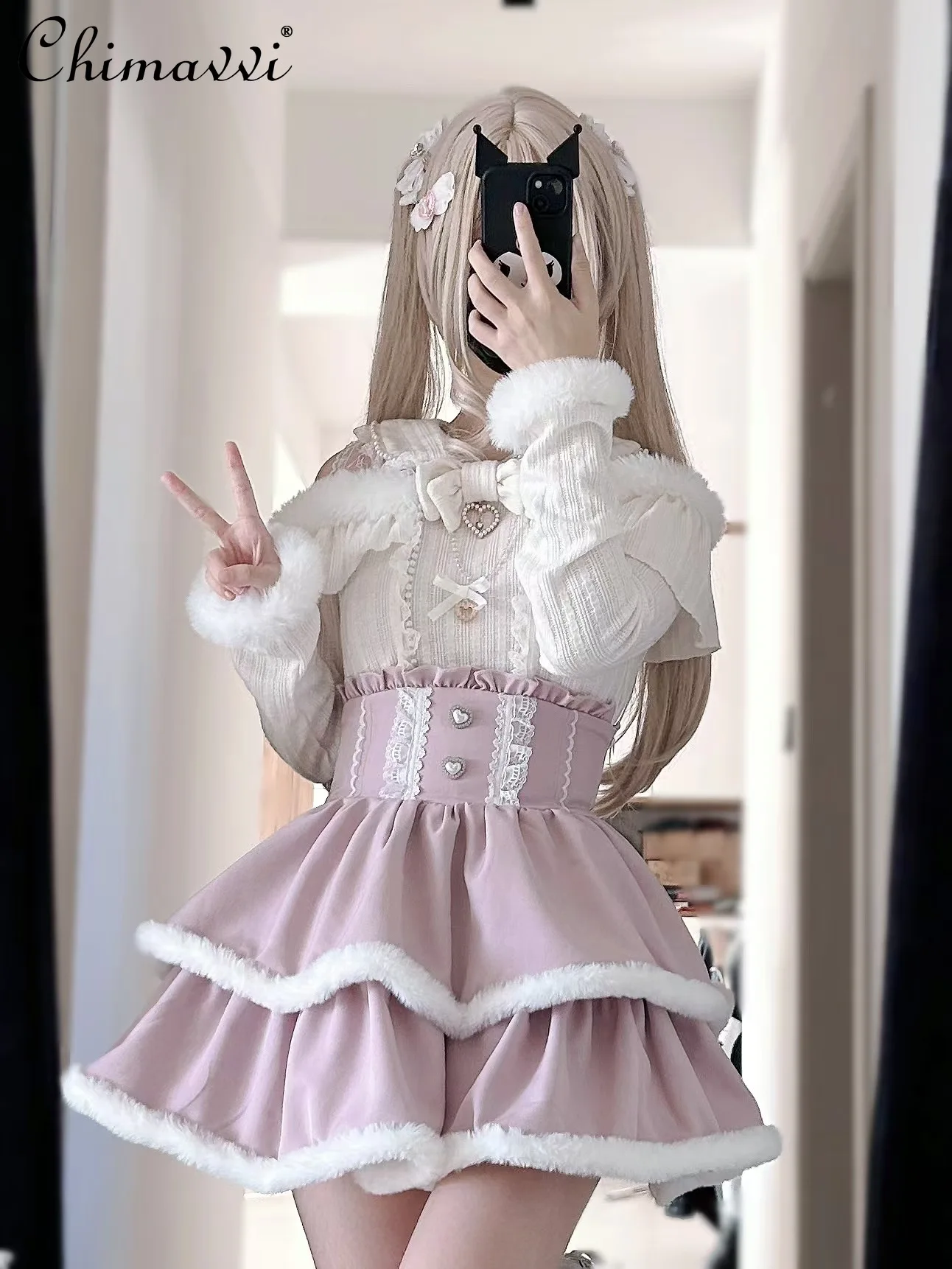 

Original Japanese Mass-produced Mine Knitted Long-sleeved Pearl Lace Bow Sweater Skirt 2-piece Set Cute Girl Lolita Skirt Set