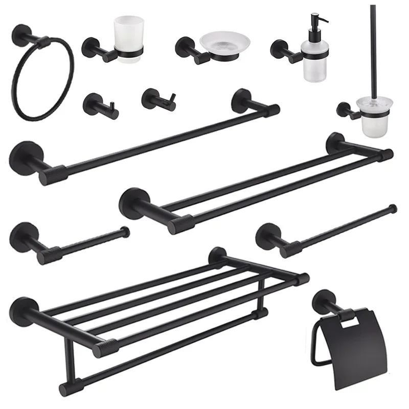 

Dumb Black Towel Rack Stainless Steel Double Towel Bar Paper Towel Rack Single Clothing Hook Cup Soap Dish Bathroom Pendant