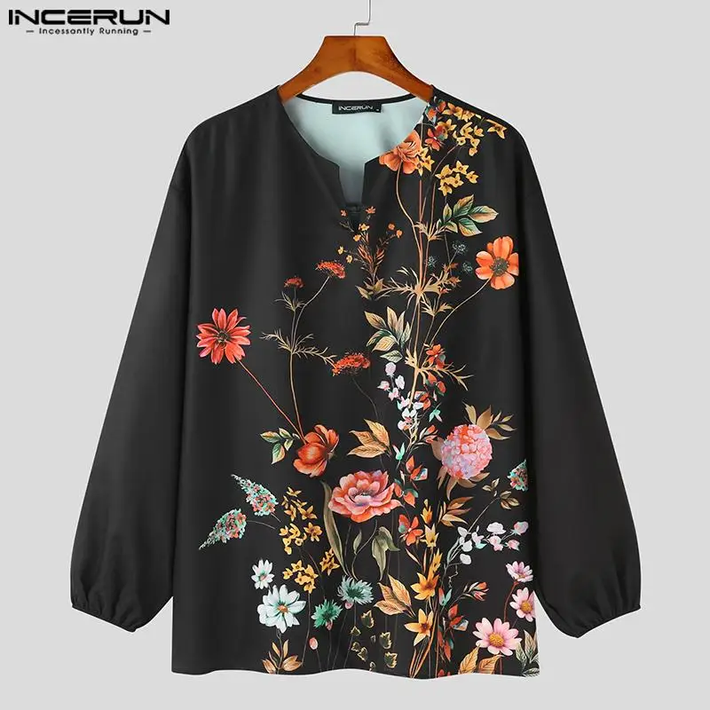 2023 Men Shirt Flower Printing V Neck Long Sleeve Streetwear Loose Men Clothing Autumn Fashion Casual Camisas S-5XL INCERUN