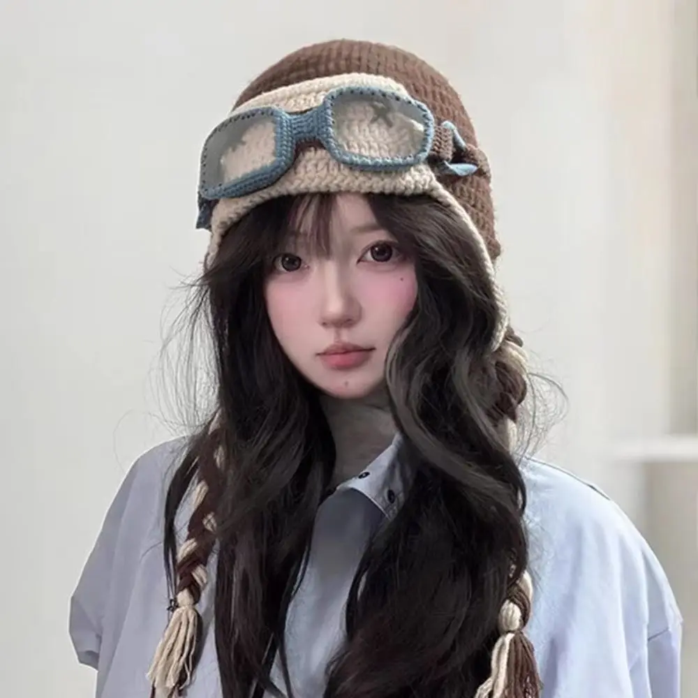 Casual Windproof Winter Pilot Hat With Goggles Color-Blocked Crocheted Knitted Beanie Warm Beanie Lei Feng Hat Biking