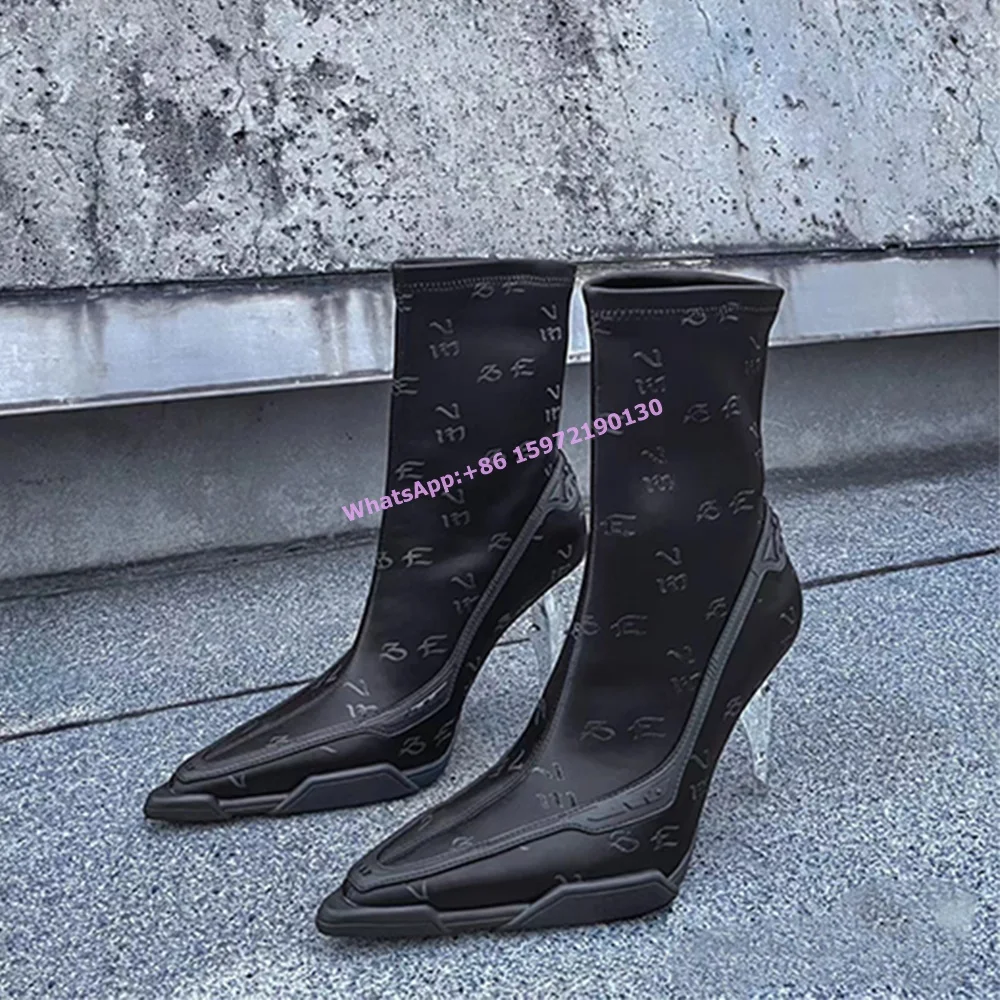 

Dagger Heels Mid Calf Boots Black White Pointy Toe Metal Strange Style Boots Fashion All Match Cool Sexy Women's Stiletto Shoes