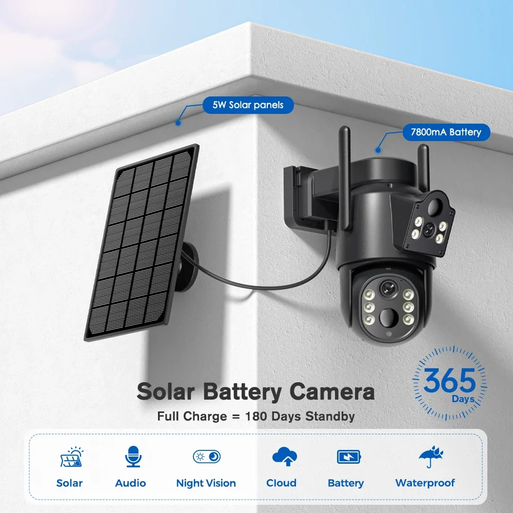 Caméra solaire WiFi double objectif double écrans 8MP 4K PIR détection humaine caméras de sécurité extérieures avec batterie caméra de Surveillance vidéo