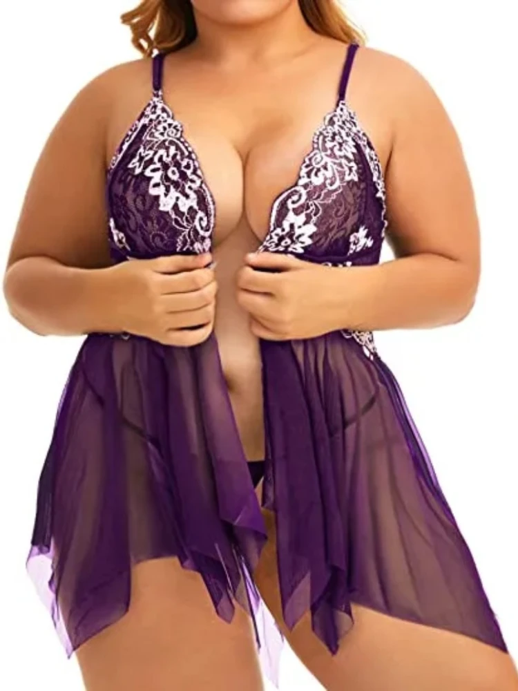 Plus Size Babydoll dla kobiet bielizna nocna z otwartym przodem, koronkowa koszula nocna z dekoltem w szpic seksowna koszula nocna szlafrok ciążowy