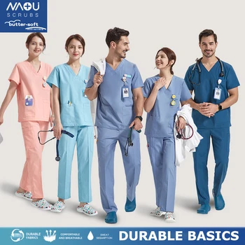 Functionele duurzame medische uniformen Niet-elastische basis Ziekenhuisverpleging Meerdere zakken Cargo-scrubsets voor dames Heren 8020