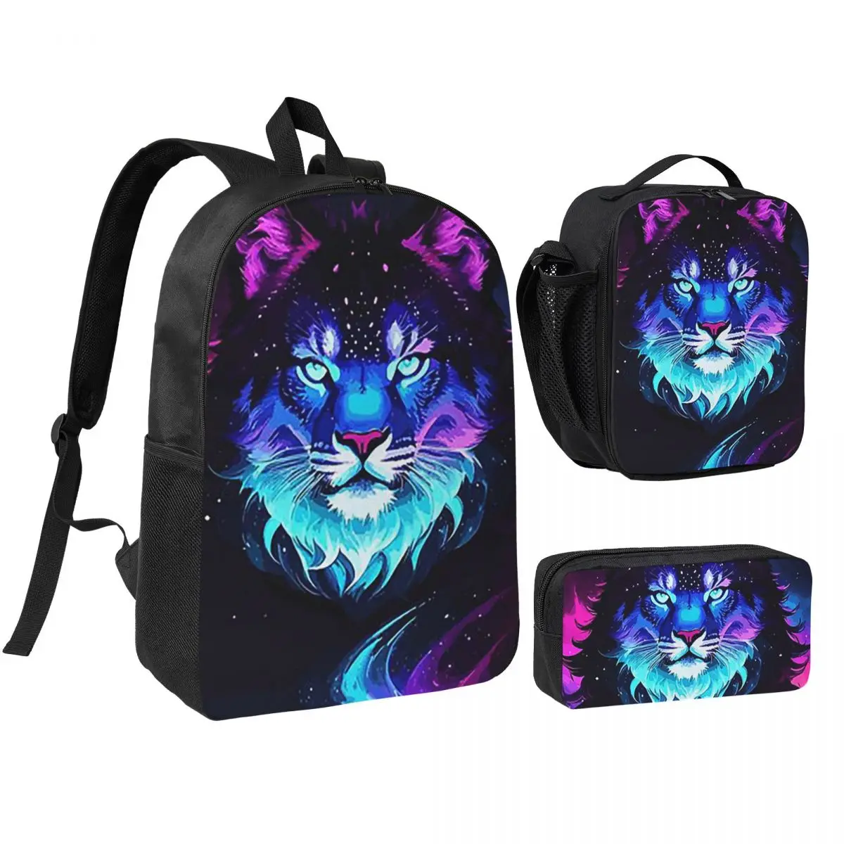 Cosmic Neon Tiger Spirit Space Galaxy Wolf Lion Face Backpack BookBag School Bag Shoulder Bags 3ps Lunch Bag Pencil Case